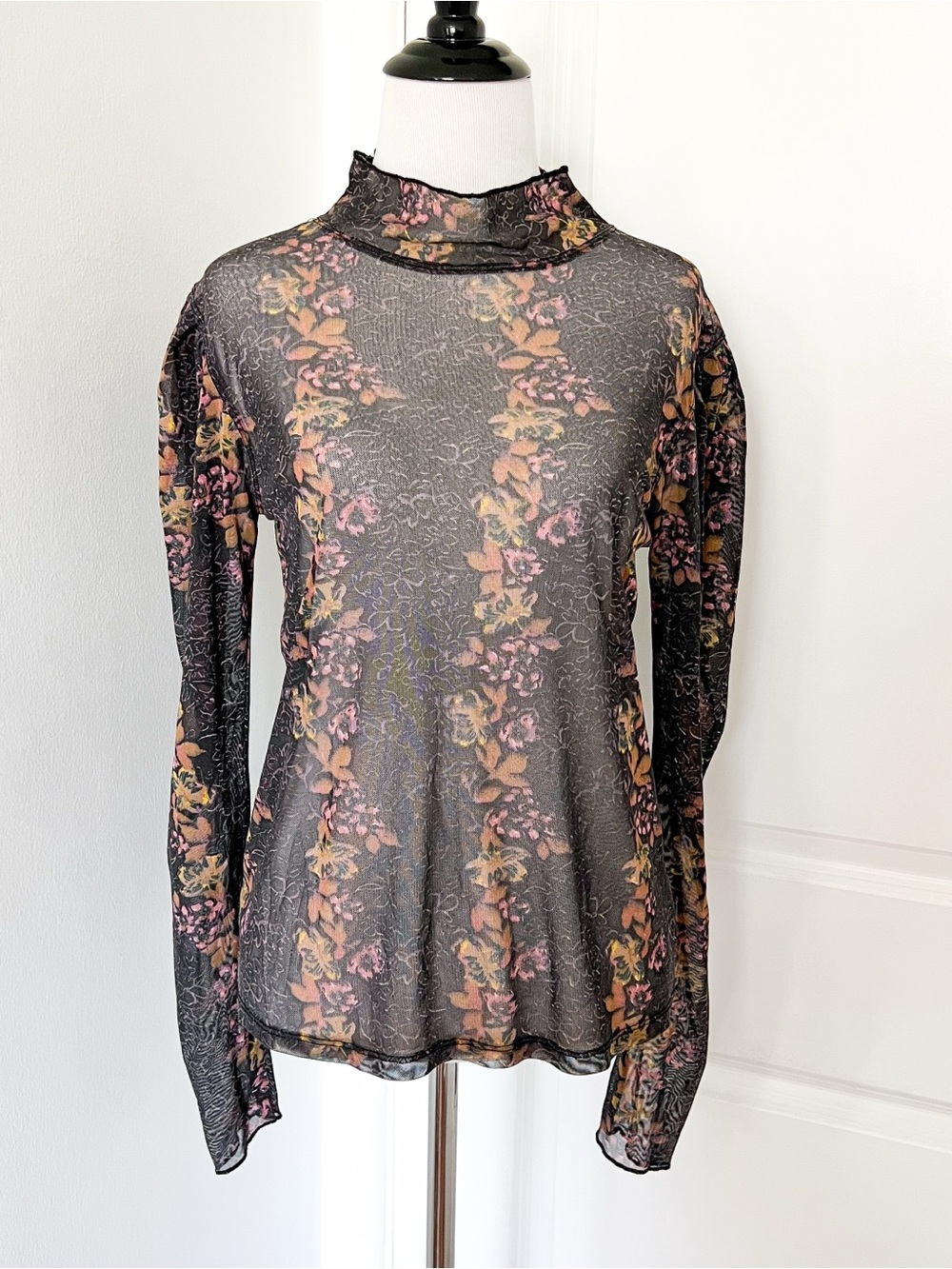 Free People Sheer Floral Mock Neck Long Sleeve Top - Medium
